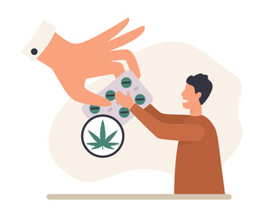 Cartoon smiling guy reaches for medical marijuana pills. Supporting legality of cannabis. Marijuana product cultivation. Socially progressive world. Vector