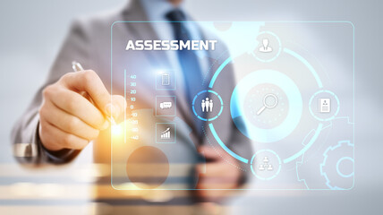 Assessment Evaluation Business Finance concept. Businessman pressing button.