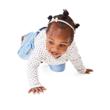 Isolated African baby girl, crawl and smile with moving, steps or learning by transparent png background. Young female child, crawling and childhood development with clothes, excited and kids fashion