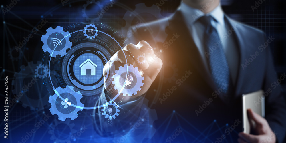 Poster smart home iot apartment control application on virtual screen.