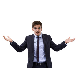 Portrait of businessman, shrug and doubt isolated on transparent png background with questions....