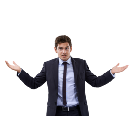 Portrait of businessman, shrug and doubt isolated on transparent png background with questions. Why, problem and confused man with hands up in frustration, confusion and difficult choice for startup.