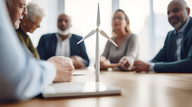 Generative ai illustration of group of people sitting around a table with wind turbine standing on it