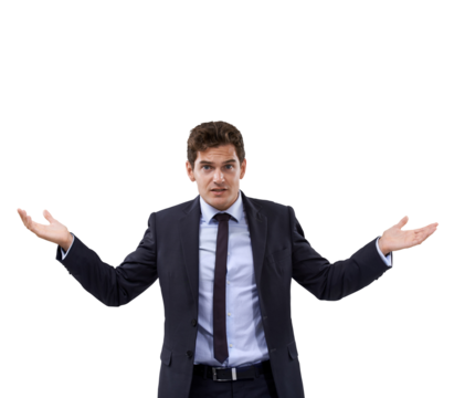 Portrait of businessman, shrug and doubt isolated on transparent png background with questions. Why, problem and confused man with hands up in frustration, confusion and difficult choice for startup.