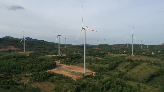 Aerial view of wind farm at Huong Linh, Quang Tri, Vietnam