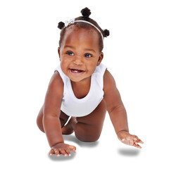 Cute, playing and smile with baby crawling on transparent background for youth, innocence and...