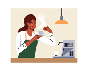 Young lady in apron holding cup of drink and smelling aroma of coffee. Professional coffee shop worker, preparing coffee concept. Small business owners. Vector flat illustration