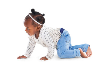 Crawl, baby and girl with growth, wellness and kid isolated against a transparent background....