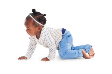 Crawl, baby and girl with growth, wellness and kid isolated against a transparent background. Female person, infant and toddler with child development, innocent and move with png, happiness and joy