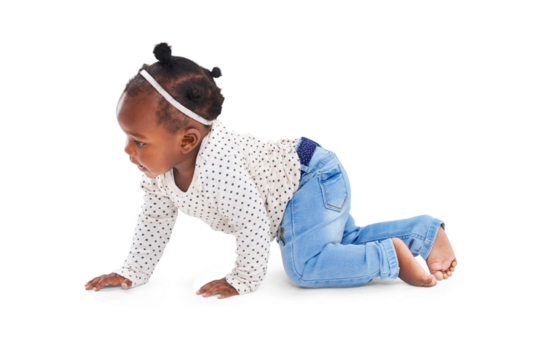 Crawl, baby and girl with growth, wellness and kid isolated against a transparent background. Female person, infant and toddler with child development, innocent and move with png, happiness and joy