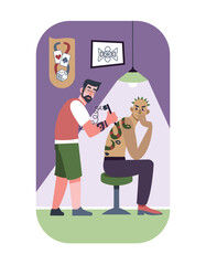 Creative man sitting on chair in salon, tattoo artist working with needle machine, drawing tattoo on back. Drawing human body and tattooing process. Vector flat illustration