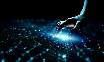 Hand touching modern interface digital transformation and metaverse concept. Connection next generation technology and new era of innovation