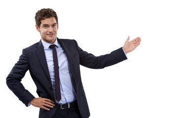 Portrait of man showing business presentation isolated on transparent png background, deal and promo at tradeshow. Smile, ideas and man pointing, startup proposal with information review or feedback.