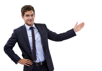 Portrait of man showing business presentation isolated on transparent png background, deal and promo at tradeshow. Smile, ideas and man pointing, startup proposal with information review or feedback.