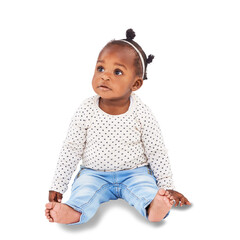 African, children and curious with a girl baby isolated on a transparent background for child development. Kids, adorable and fashion with a cute female infant sitting on PNG in a casual outfit - obrazy, fototapety, plakaty