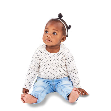 African, children and curious with a girl baby isolated on a transparent background for child development. Kids, adorable and fashion with a cute female infant sitting on PNG in a casual outfit