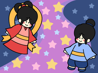 天の川に浮かぶ七夕の織姫と彦星イラスト素材