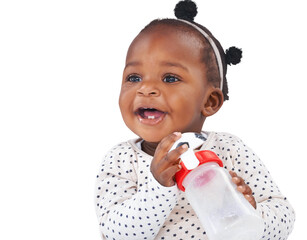 Isolated African toddler girl, bottle and happy for playing, soccer ball and transparent png...