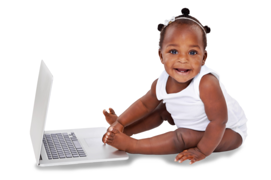 Isolated African baby girl, portrait and laptop for childhood development by transparent png background. Young black kid, infant or toddler with computer, learning and growth with happiness on face - Powered by Adobe