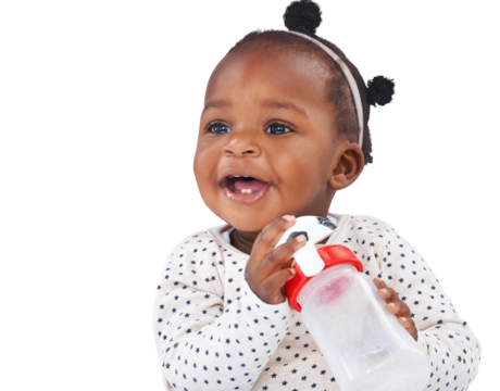 Isolated African toddler girl, bottle and happy for playing, soccer ball and transparent png background. Young black baby, learning and childhood development with football, growth and kids fashion