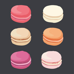 Set of macaroons with different flavors and fillings. Hand drawn watercolor vector illustration