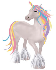 Naklejka na ściany i meble 3D Pink Unicorn with Black Eyes, Rainbow horn,Long mane,Isolated Cute Cartoon Character of magical Horse,Illustration design elements apply for Children products