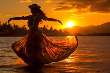 夕日が差すビーチで踊るフラガール with generative ai