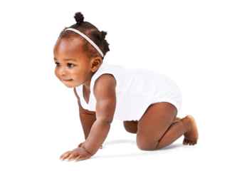 Cute, young and smile with baby crawling on transparent background for youth, innocence and learning. Happy, african and sweet with toddler isolated on png for playful, cheerful and positive