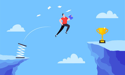 Businessman jumps over the abyss across the cliff flat style design vector illustration. Business concept of fearless businessman with huge courage. Risk, goal achievement, work obstacles and success.