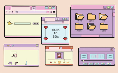 Set of music user interface elements, pixel style, audio player template, retro wave. Design concept for websites and applications in old style of 80s 90s.