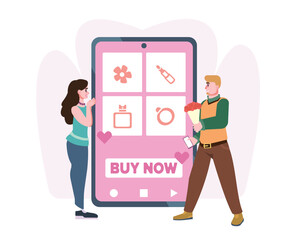 Young man holding bouquet of flowers and looking at happy lady, standing near mobile phone. Process of buying flowers via Internet. Special offers and discounts. Vector flat illustration