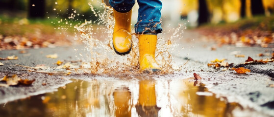 Feet of child in yellow rubber boots jumping over puddle in rain ,Generative AI