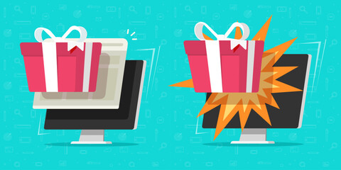 Gift digital online on computer pc icon vector graphic, virtual electronic web surprise as loyalty program present win illustration 3d, bonus reward store shop image clipart set
