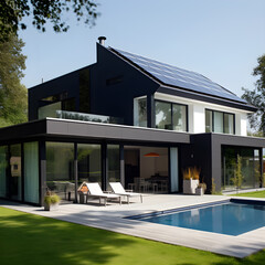 Modern suburban house with solar panels installed on its roof. The panels are sleek and black, seamlessly integrated into the design of the house. AI Generated, Generative AI
