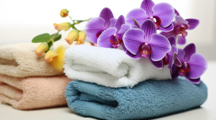 spa composition on massage, towels and stones, flowers Relaxation. Generative AI	