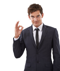 Business man, portrait and ok sign with professional style isolated on a transparent, png background. Corporate employee or young male person with hands or emoji sign for support, review or feedback