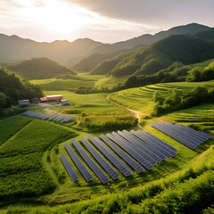 Picturesque countryside with rolling green hills and a field of solar panels nestled in the valley. with their sleek design, stand out against the natural landscape. AI Generated, Generative AI