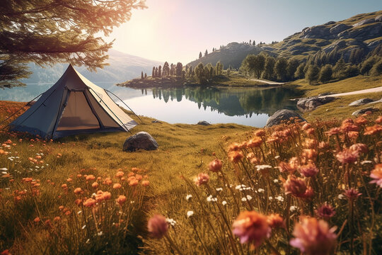 Camping Tent in a Valley with Beautiful Lake Mountains View Relaxing Holiday at Morning