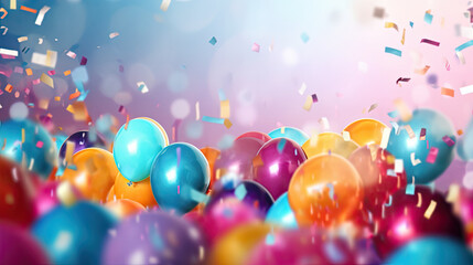 A colorful and festive background featuring confetti balloons and ribbons ,Generative AI