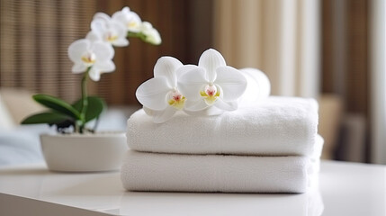 Naklejka na ściany i meble spa composition on massage, towels and stones, flowers Relaxation. Generative AI 