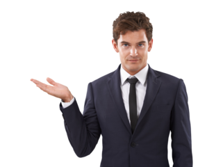 Portrait of businessman, presentation with hand and isolated on transparent png background, deal and promo at tradeshow. Launch, ideas and man pointing at proposal with information, review or product