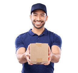 Portrait, box or delivery with a man courier isolated on transparent background for ecommerce shipping. Logistics, retail or supply chain with a happy young male post office worker on PNG for service - obrazy, fototapety, plakaty