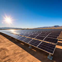 vast solar farm stretching across an expansive desert landscape. The image captures row upon row of solar panels. AI Generated, Generative AI