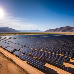 vast solar farm stretching across an expansive desert landscape. The image captures row upon row of solar panels. AI Generated, Generative AI