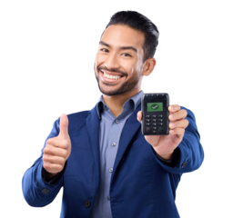 Business man, pos and thumbs up in portrait, isolated and smile by transparent png background. Businessman, payment machine and hand sign for review, opinion and yes for fintech security at company