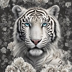 Portrait of a white tiger with flowers, created with Generative AI.