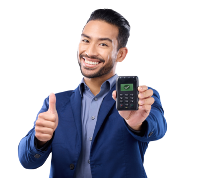 Business man, pos and thumbs up in portrait, isolated and smile by transparent png background. Businessman, payment machine and hand sign for review, opinion and yes for fintech security at company