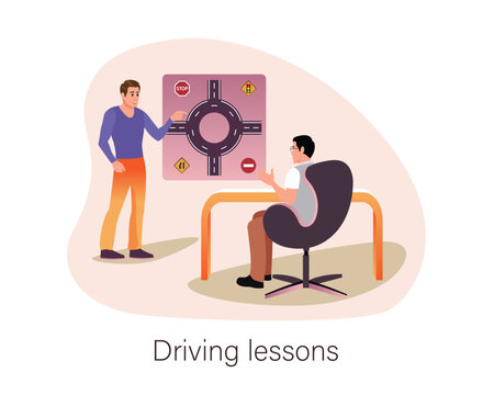 Cartoon men taking driving course. Instructor teaching road sign. Students passing exam successfully and getting driving licenses. Vector flat style illustration on white background