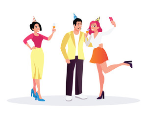 Fototapeta premium Cartoon smiling colleagues making selfie and celebrating event together. Positive coworkers having fun at office party. Friends spending time together. Vector