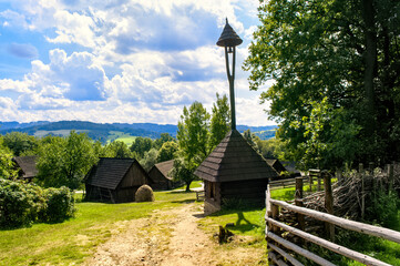 Old wooden chapel in a small mountain village. Roznov, Czech Republic.